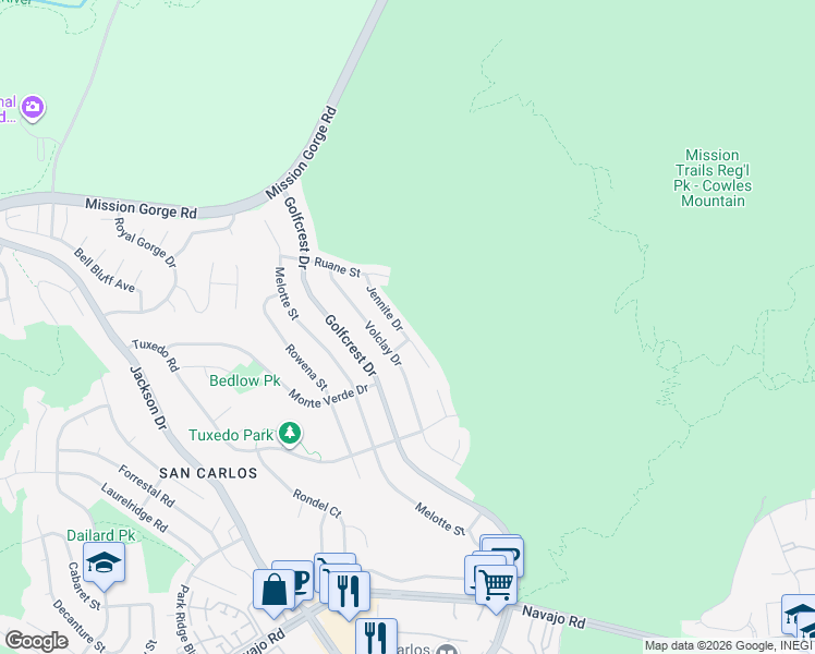 map of restaurants, bars, coffee shops, grocery stores, and more near 7595 Jennite Drive in San Diego