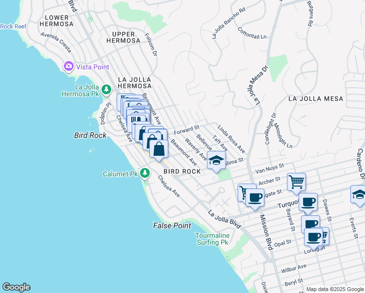 map of restaurants, bars, coffee shops, grocery stores, and more near 5543 Waverly Avenue in San Diego