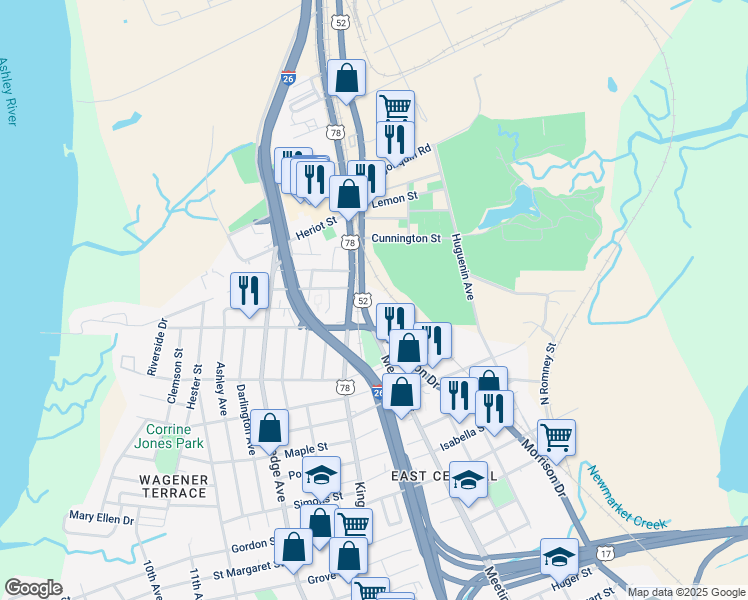 map of restaurants, bars, coffee shops, grocery stores, and more near 1352 Meeting Street Road in Charleston