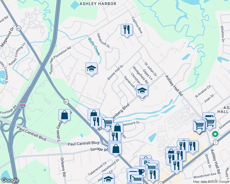 map of restaurants, bars, coffee shops, grocery stores, and more near 1852 Manigault Place in Charleston