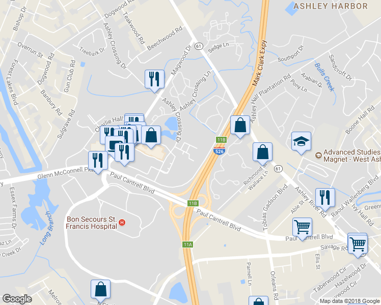 map of restaurants, bars, coffee shops, grocery stores, and more near 2244 Ashley Crossing Drive in Charleston