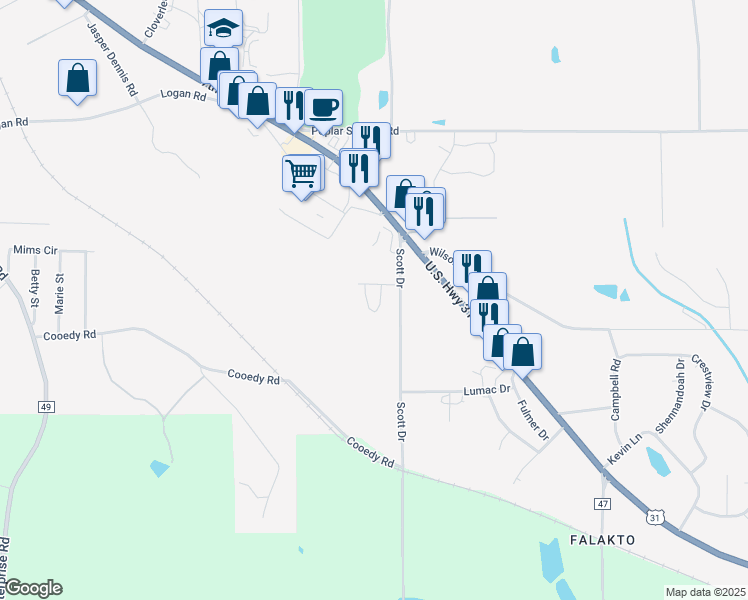 map of restaurants, bars, coffee shops, grocery stores, and more near 816-828 Scott Drive in Clanton