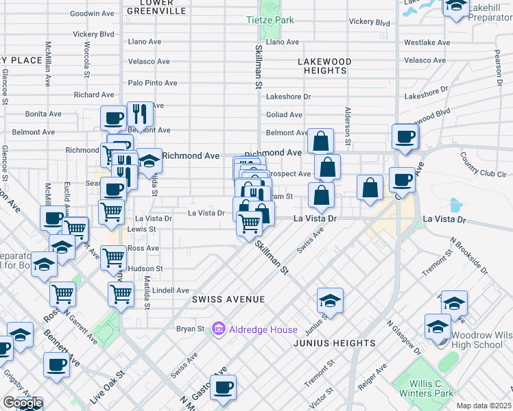 map of restaurants, bars, coffee shops, grocery stores, and more near 6039 Oram Street in Dallas
