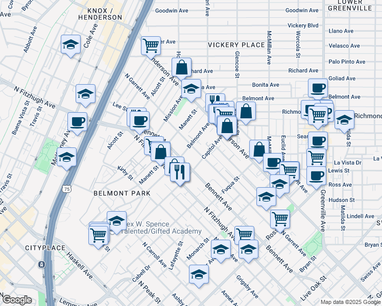 map of restaurants, bars, coffee shops, grocery stores, and more near 5103 Belmont Avenue in Dallas