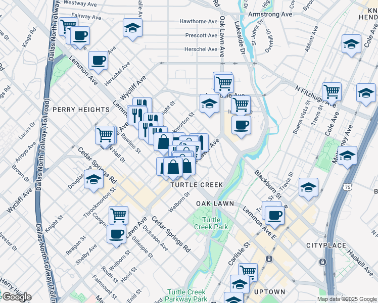map of restaurants, bars, coffee shops, grocery stores, and more near 3633 Reagan Street in Dallas