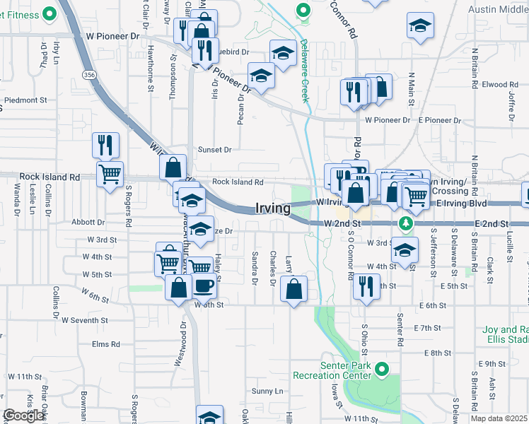 map of restaurants, bars, coffee shops, grocery stores, and more near in Irving