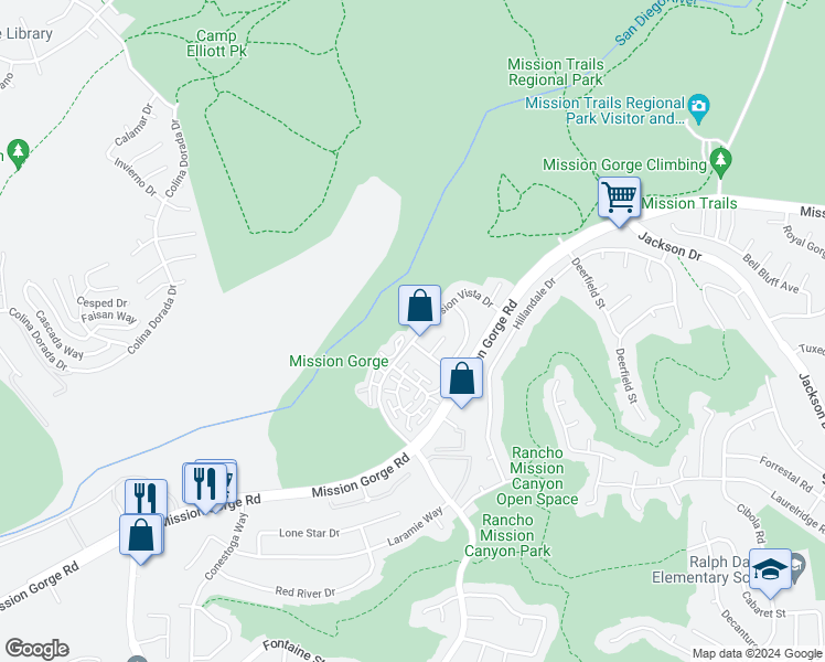map of restaurants, bars, coffee shops, grocery stores, and more near 8010 Mission Vista Drive in San Diego
