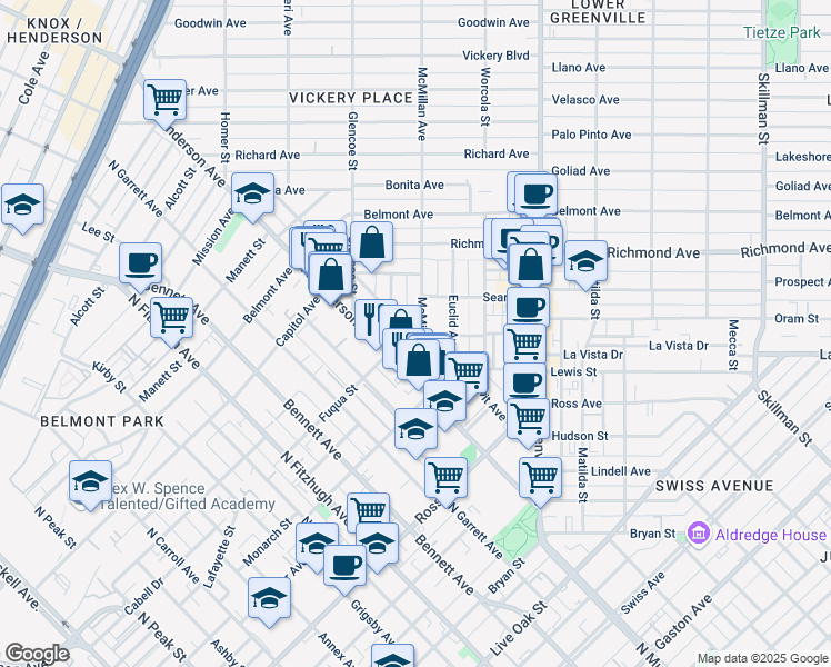 map of restaurants, bars, coffee shops, grocery stores, and more near 2110 Madera Street in Dallas