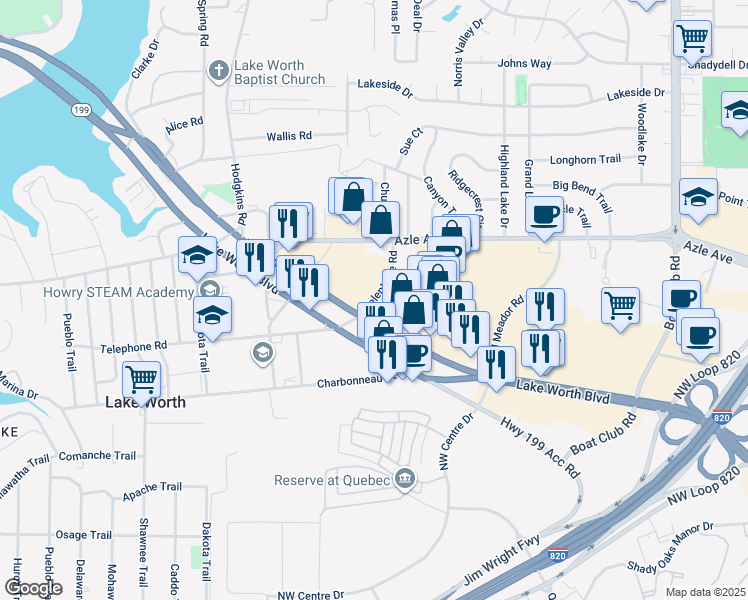 map of restaurants, bars, coffee shops, grocery stores, and more near in Fort Worth