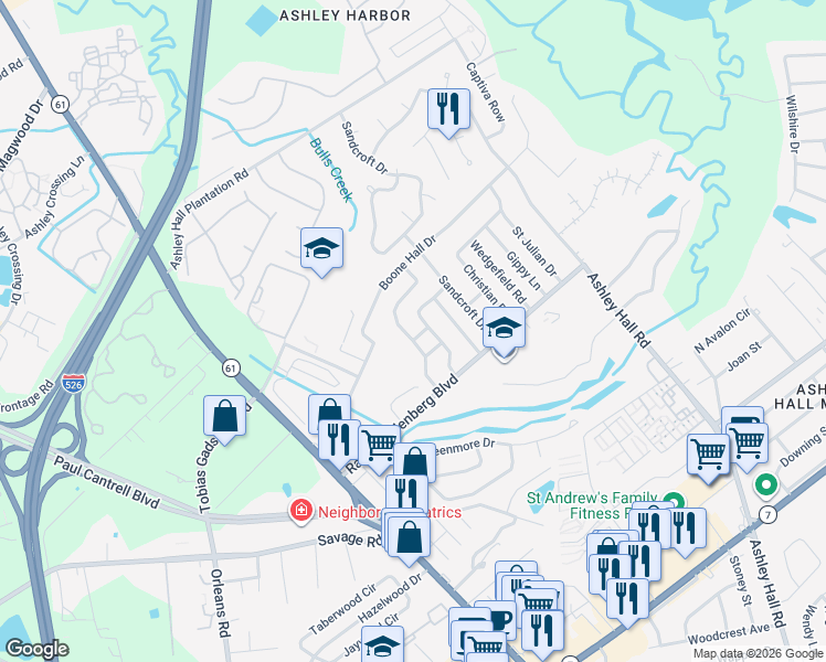 map of restaurants, bars, coffee shops, grocery stores, and more near 1852 Manigault Place in Charleston
