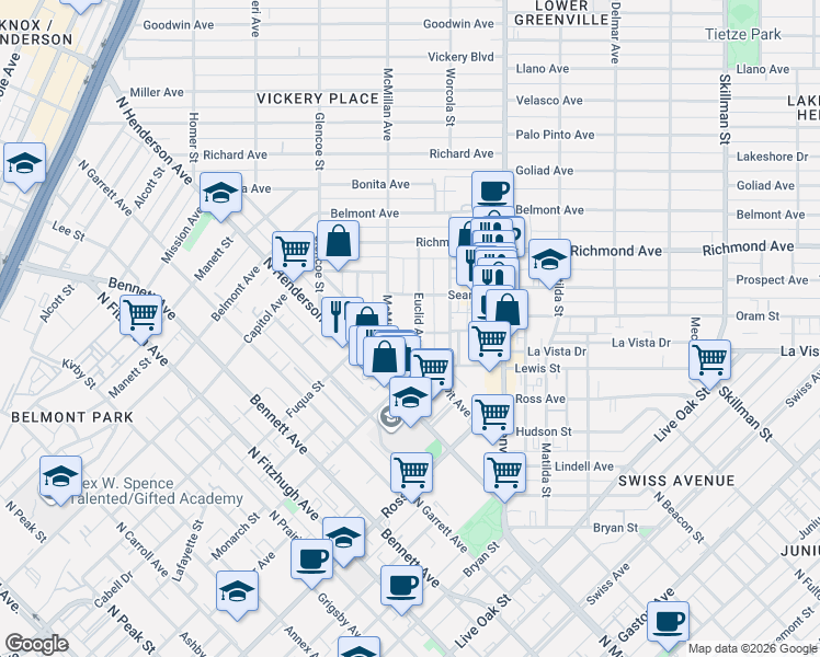 map of restaurants, bars, coffee shops, grocery stores, and more near 1917 Euclid Avenue in Dallas