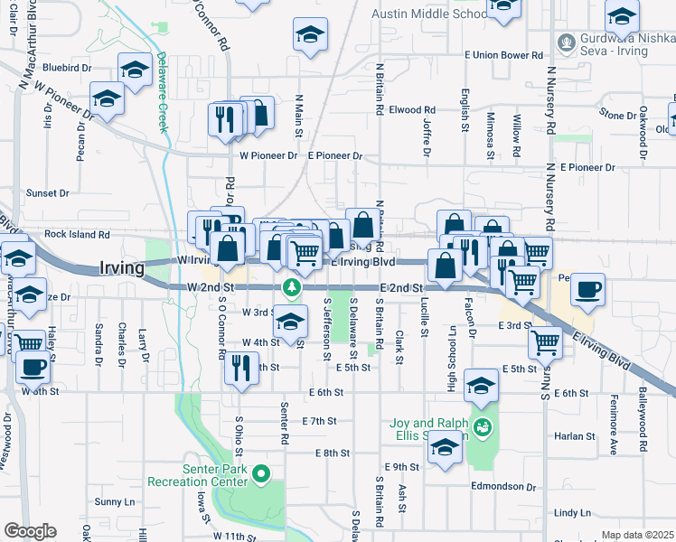 map of restaurants, bars, coffee shops, grocery stores, and more near 111 E Irving Blvd in Irving