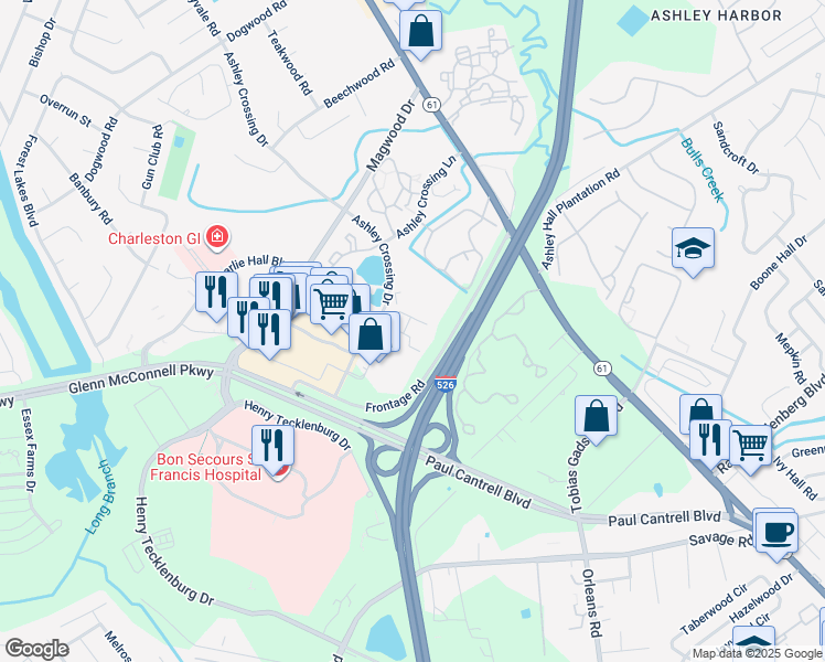 map of restaurants, bars, coffee shops, grocery stores, and more near 2244 Ashley Crossing Drive in Charleston