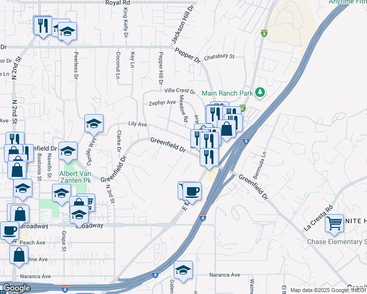 map of restaurants, bars, coffee shops, grocery stores, and more near 1658 Greenfield Drive in El Cajon