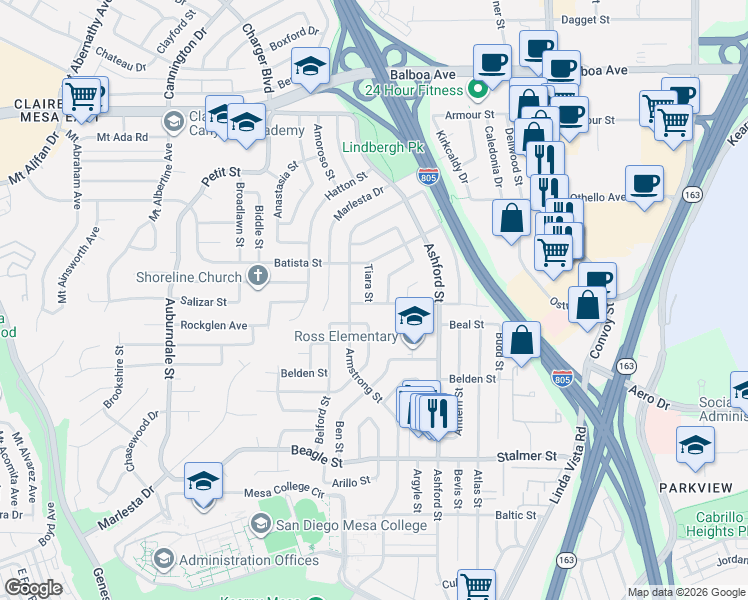 map of restaurants, bars, coffee shops, grocery stores, and more near 3825 Ben Street in San Diego