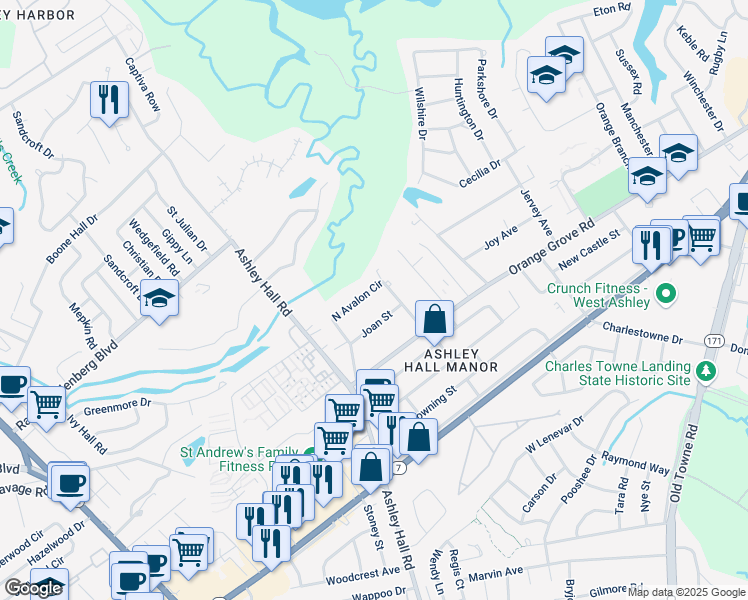 map of restaurants, bars, coffee shops, grocery stores, and more near 1524 North Avalon Circle in Charleston