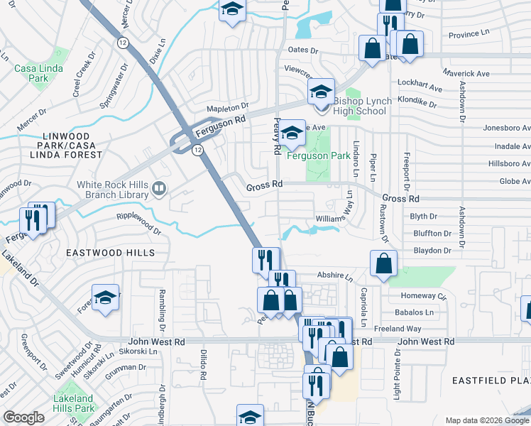 map of restaurants, bars, coffee shops, grocery stores, and more near 2805 Peavy Road in Dallas