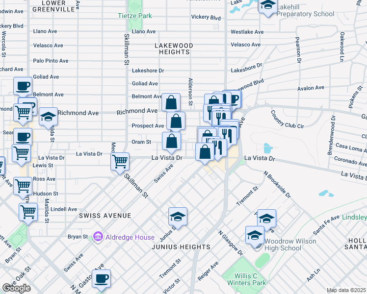 map of restaurants, bars, coffee shops, grocery stores, and more near 6269 Oram Street in Dallas