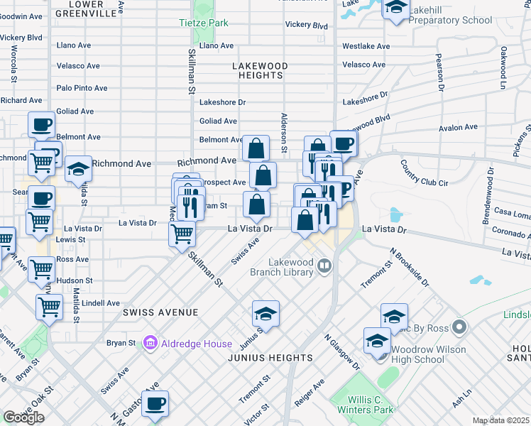 map of restaurants, bars, coffee shops, grocery stores, and more near 6235 Oram Street in Dallas