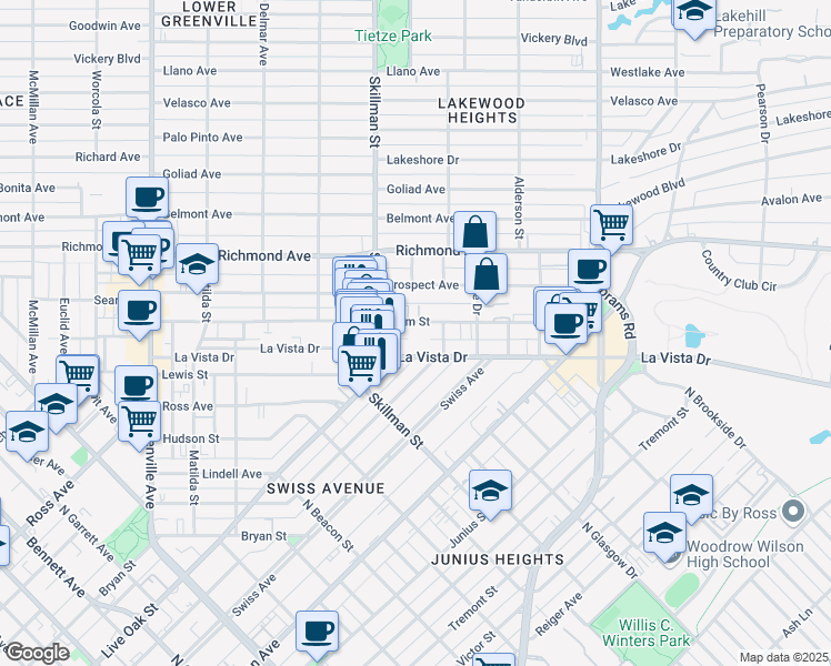 map of restaurants, bars, coffee shops, grocery stores, and more near 6123 Oram Street in Dallas