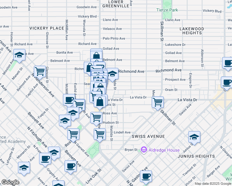 map of restaurants, bars, coffee shops, grocery stores, and more near 2002 Matilda Street in Dallas