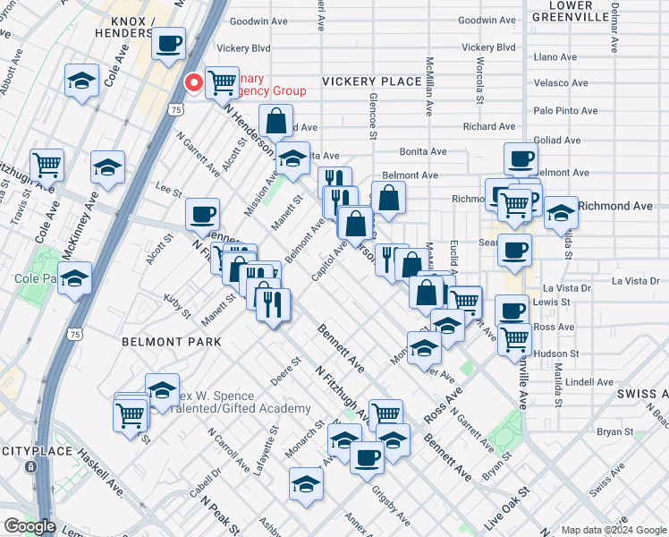 map of restaurants, bars, coffee shops, grocery stores, and more near 2433 Thatcher Drive in Dallas