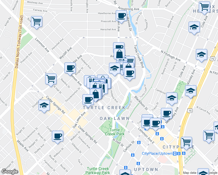 map of restaurants, bars, coffee shops, grocery stores, and more near 10 Holland Avenue in Dallas