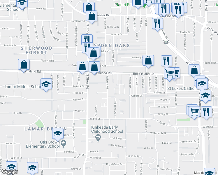 map of restaurants, bars, coffee shops, grocery stores, and more near 202 Rolston Road in Irving