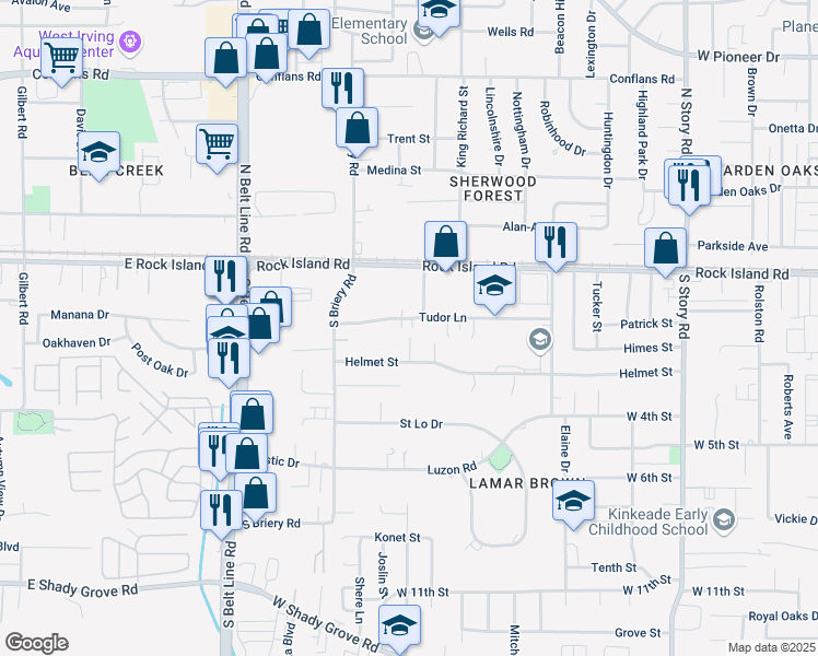 map of restaurants, bars, coffee shops, grocery stores, and more near 3035 Tudor Lane in Irving