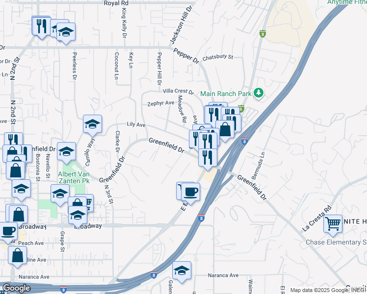 map of restaurants, bars, coffee shops, grocery stores, and more near 1658 Greenfield Drive in El Cajon