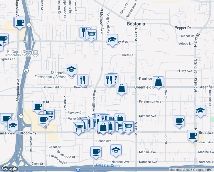 map of restaurants, bars, coffee shops, grocery stores, and more near 992 Greenfield Drive in El Cajon
