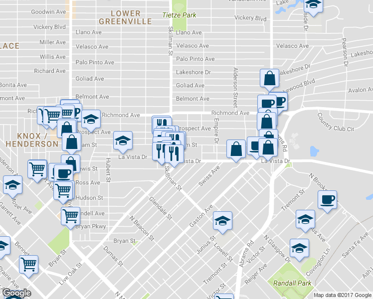 map of restaurants, bars, coffee shops, grocery stores, and more near 6123 Oram Street in Dallas