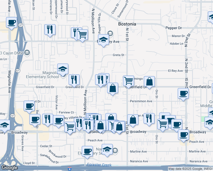 map of restaurants, bars, coffee shops, grocery stores, and more near 1004 Greenfield Drive in El Cajon
