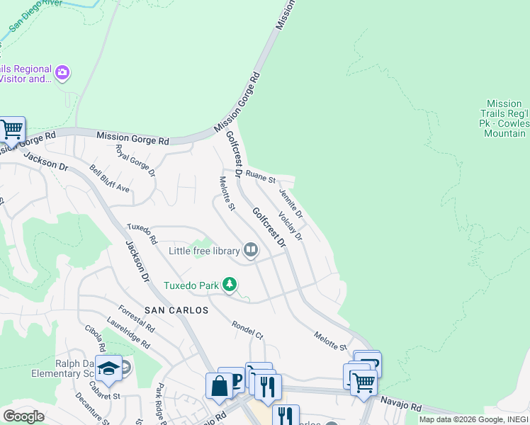 map of restaurants, bars, coffee shops, grocery stores, and more near 7651 Golfcrest Drive in San Diego