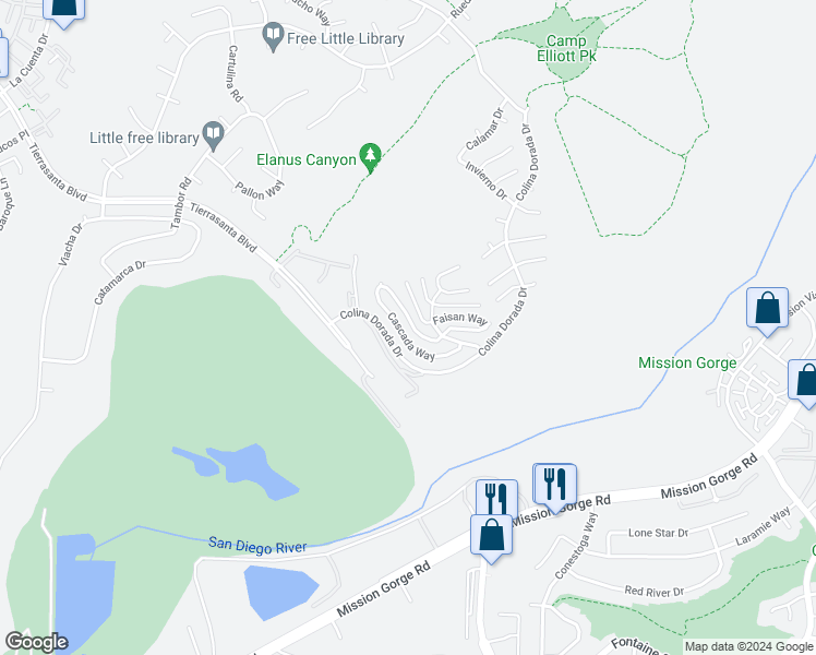map of restaurants, bars, coffee shops, grocery stores, and more near 11289 Cascada Way in San Diego
