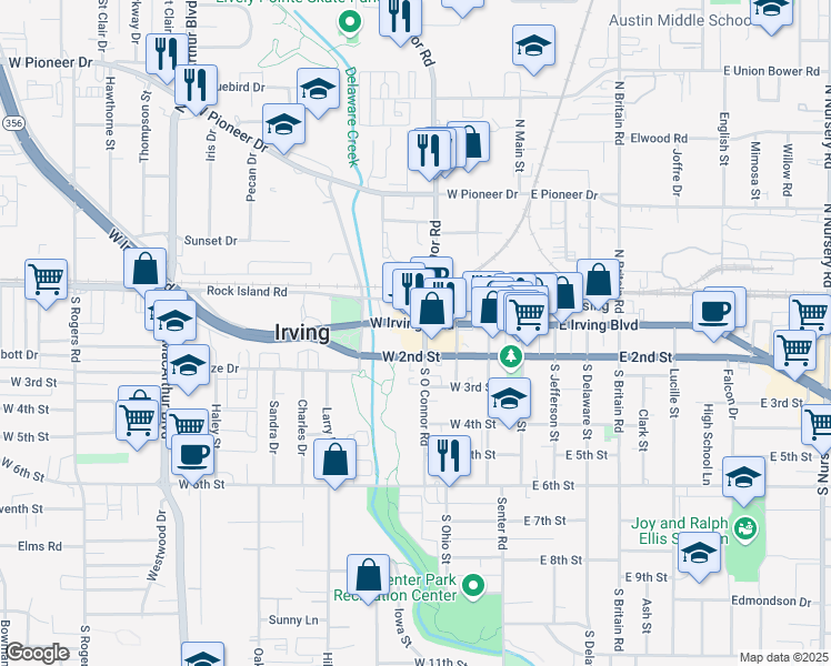 map of restaurants, bars, coffee shops, grocery stores, and more near 400 West Irving Boulevard in Irving