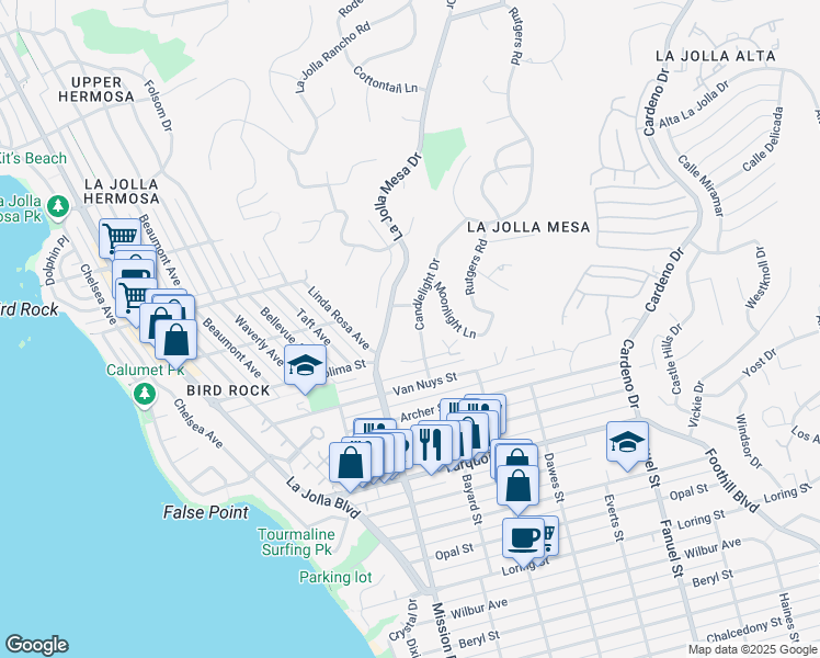 map of restaurants, bars, coffee shops, grocery stores, and more near 5432 Candlelight Drive in San Diego