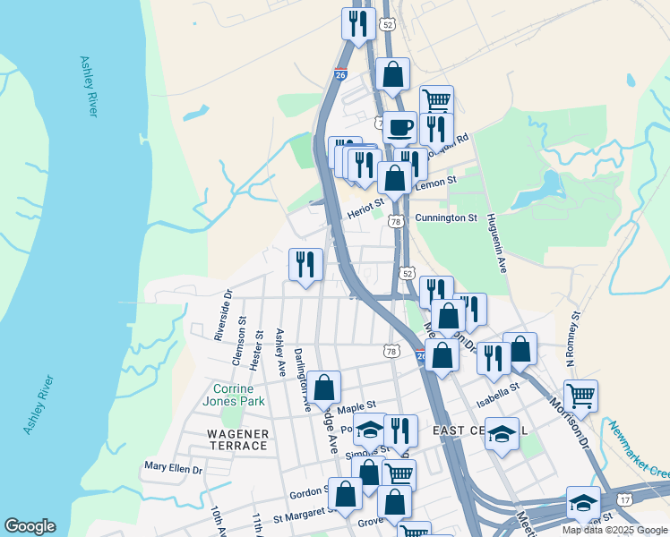 map of restaurants, bars, coffee shops, grocery stores, and more near 2139 Montford Avenue in Charleston