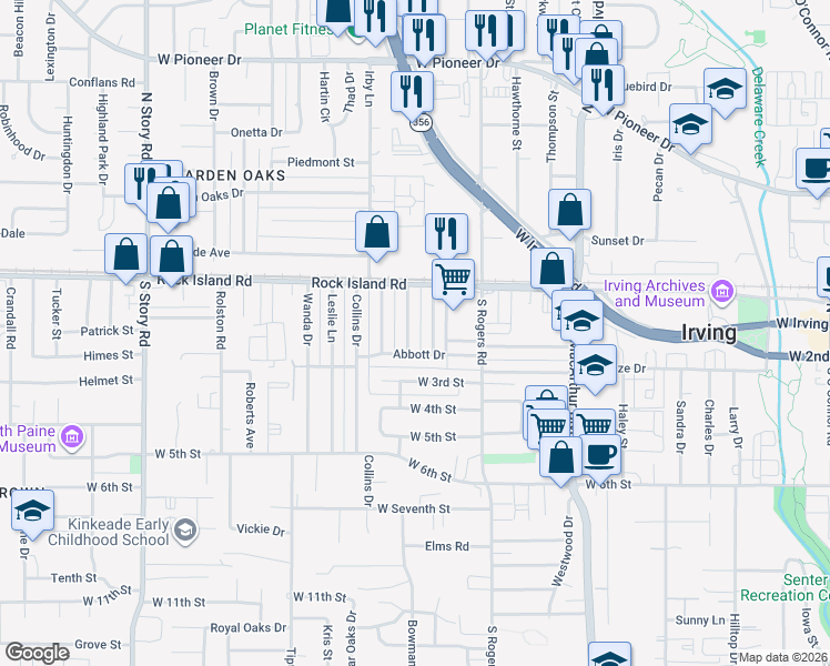 map of restaurants, bars, coffee shops, grocery stores, and more near 126 Bowman Street in Irving
