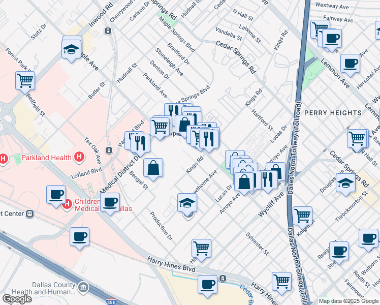 map of restaurants, bars, coffee shops, grocery stores, and more near 4710 Lake Avenue in Dallas