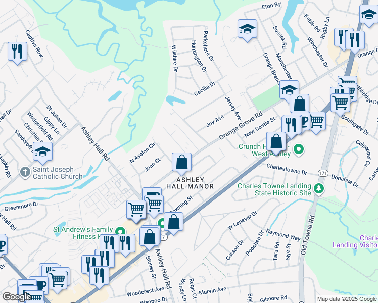map of restaurants, bars, coffee shops, grocery stores, and more near 1476 Orange Grove Road in Charleston
