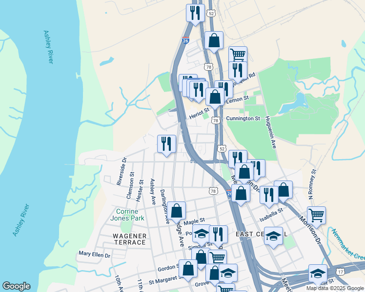 map of restaurants, bars, coffee shops, grocery stores, and more near 2139 Montford Avenue in Charleston