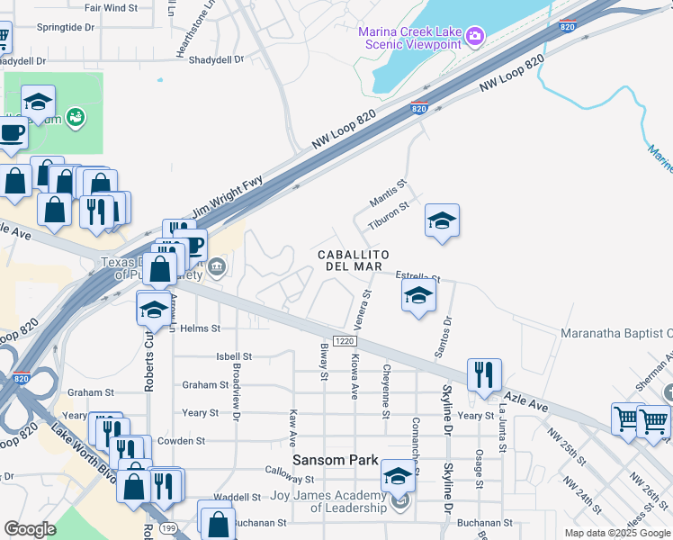 map of restaurants, bars, coffee shops, grocery stores, and more near 5533 Venera Court in Fort Worth