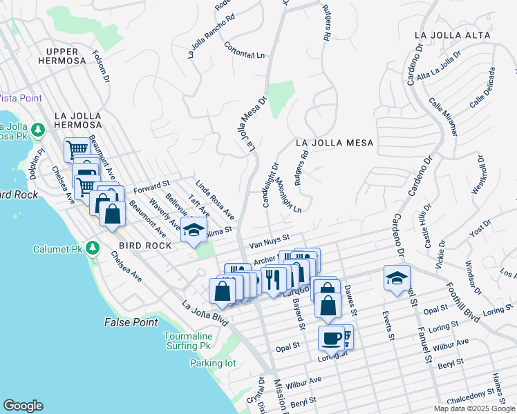 map of restaurants, bars, coffee shops, grocery stores, and more near 5432 Candlelight Drive in San Diego