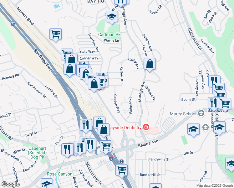 map of restaurants, bars, coffee shops, grocery stores, and more near 4049 Cadden Way in San Diego