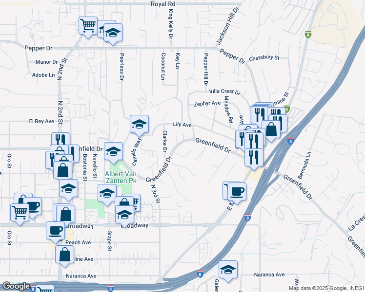 map of restaurants, bars, coffee shops, grocery stores, and more near 1576 Greenfield Drive in El Cajon