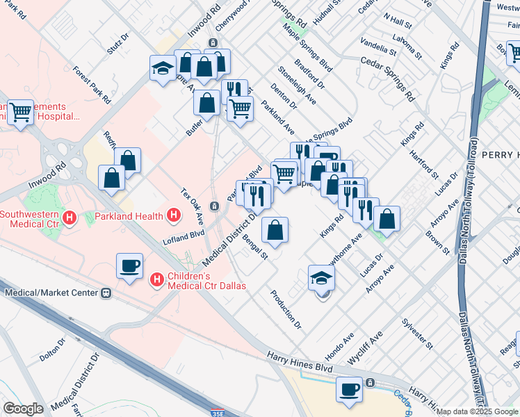 map of restaurants, bars, coffee shops, grocery stores, and more near 2333 Medical District Drive in Dallas