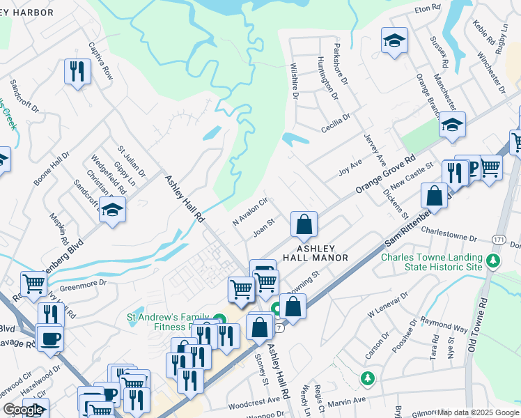 map of restaurants, bars, coffee shops, grocery stores, and more near 1524 North Avalon Circle in Charleston