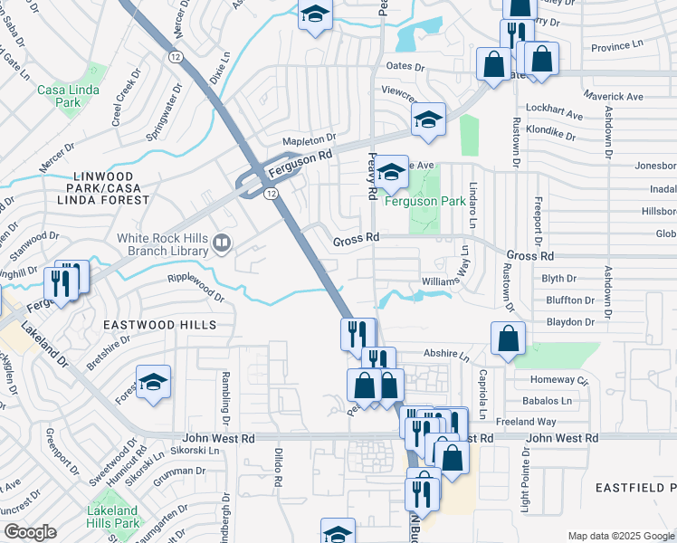 map of restaurants, bars, coffee shops, grocery stores, and more near 2805 Peavy Road in Dallas