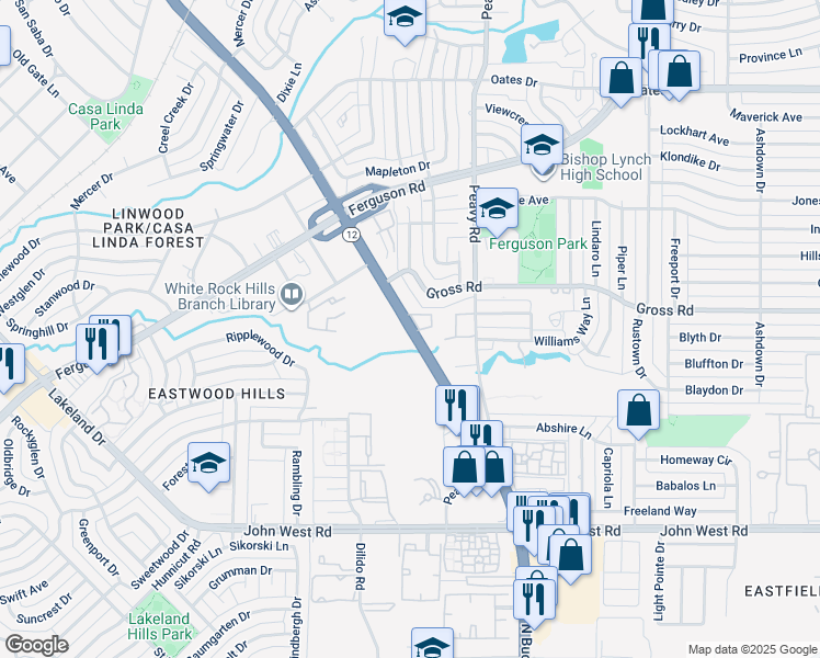 map of restaurants, bars, coffee shops, grocery stores, and more near 2726 North Buckner Boulevard in Dallas